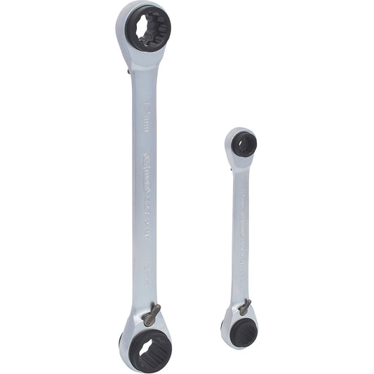 4 in 1 GEARplus reversing double ratchet ring spanner set, 2 parts, widths 8 - 19 mm.