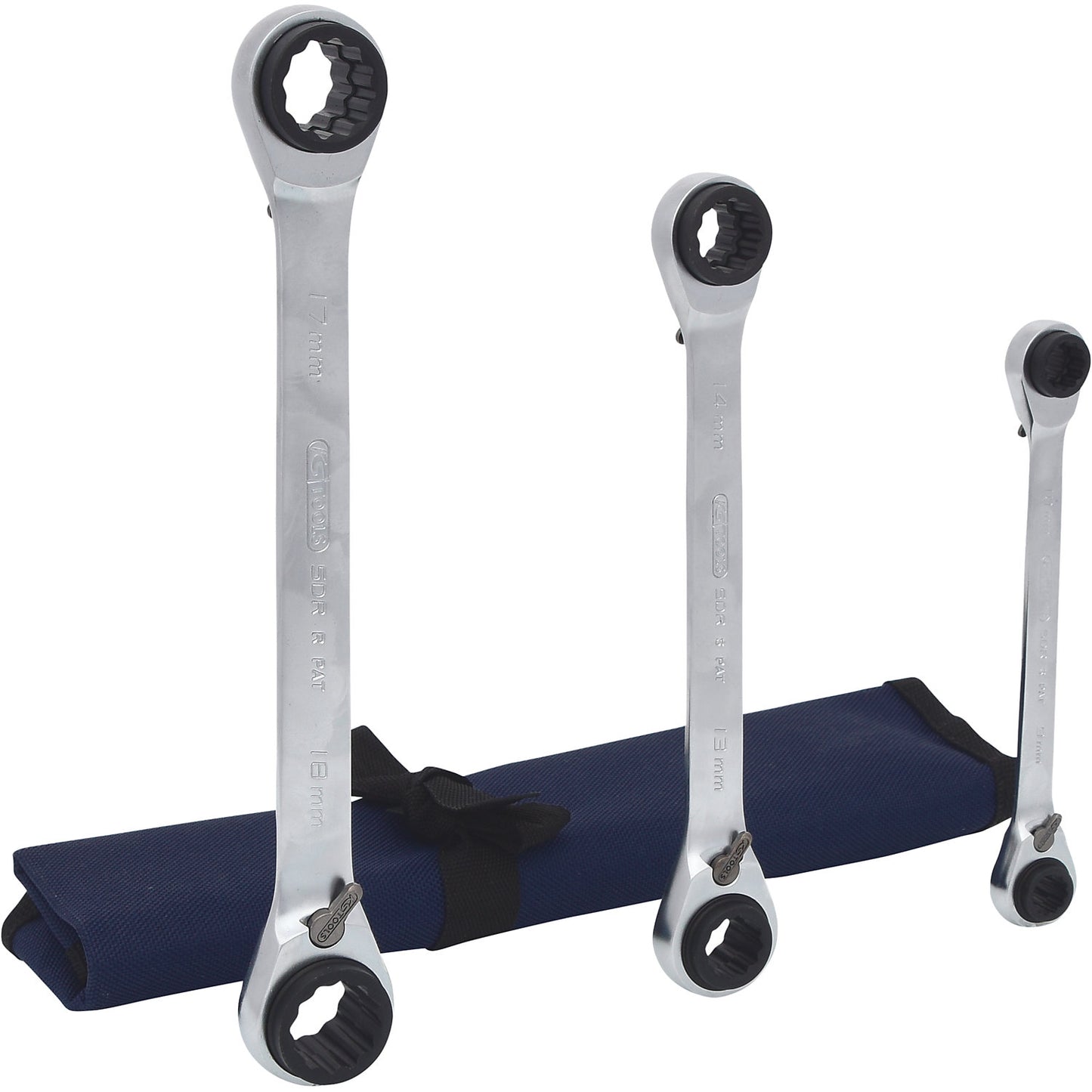 4 in 1 GEARplus reversing double ratchet ring spanner set, 3 parts, widths 8 - 19 mm.