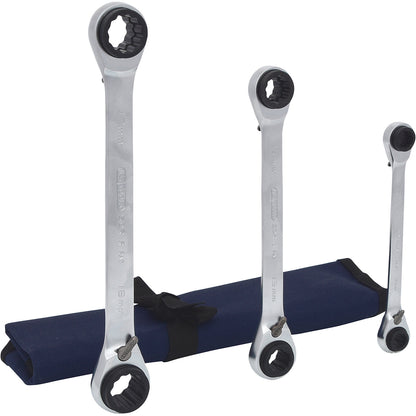 4 in 1 GEARplus reversing double ratchet ring spanner set, 3 parts, widths 8 - 19 mm.