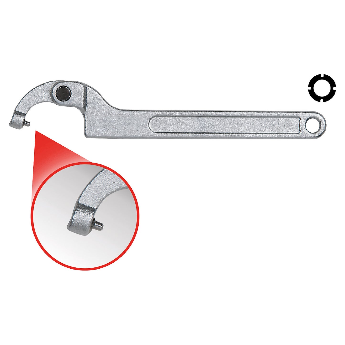 Flexible hook spanner with pin, metric, 50 - 80 mm.