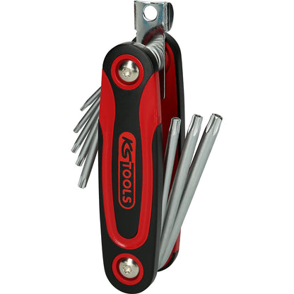 Angle key wrench in folding holder, tamper resistant Torx, 8 parts.
