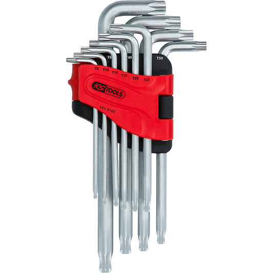 Angle key wrench set, long, Torx with ball head, 10 parts.