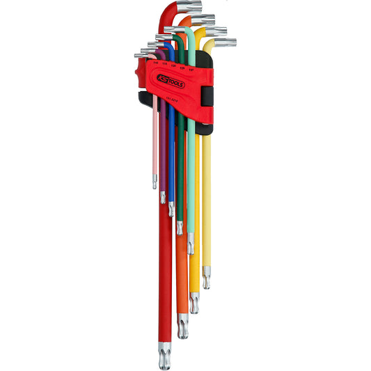 Angle key wrench set, extra long, Torx with ball head, 9 parts.