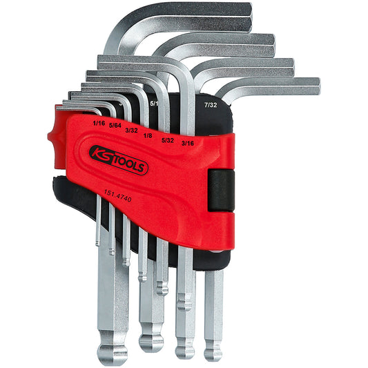 Angle key wrench set, short, hexagon socket with ball head, inch as unit, 10 parts.