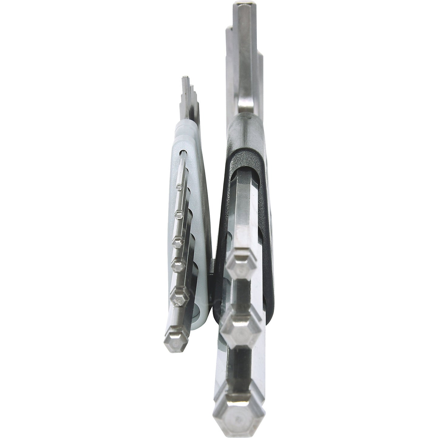 Stainless steel angle key wrench set, hexagon socket with ball head, 9 parts.