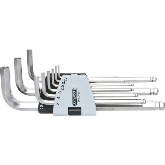 Stainless steel angle key wrench set, hexagon socket with ball head, 9 parts.