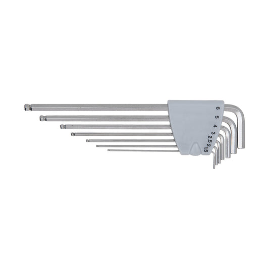 Stainless steel angle key wrench set, XL, hexagon socket with ball head, 7 parts.