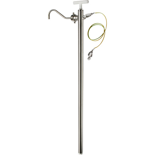 Stainless steel hand pump, for solvents, foodstuffs, 700 mm, 0.3 - 0.6 l/stroke.