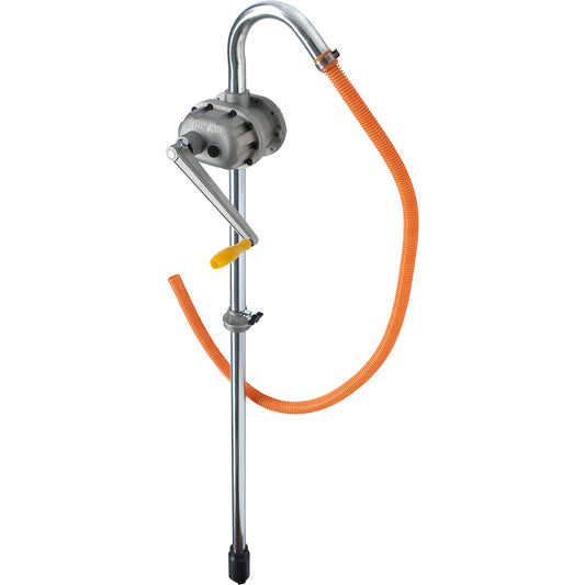 Canister/drum crank pump, rapid pumping of mineral oils, discharge hose.