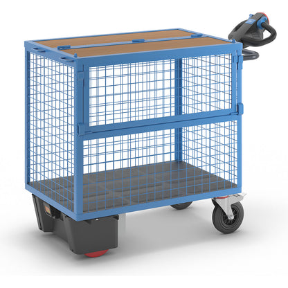 Box truck with electric drive, panels made of steel mesh, with lid, LxWxH 1430 x 730 x 1200 mm.