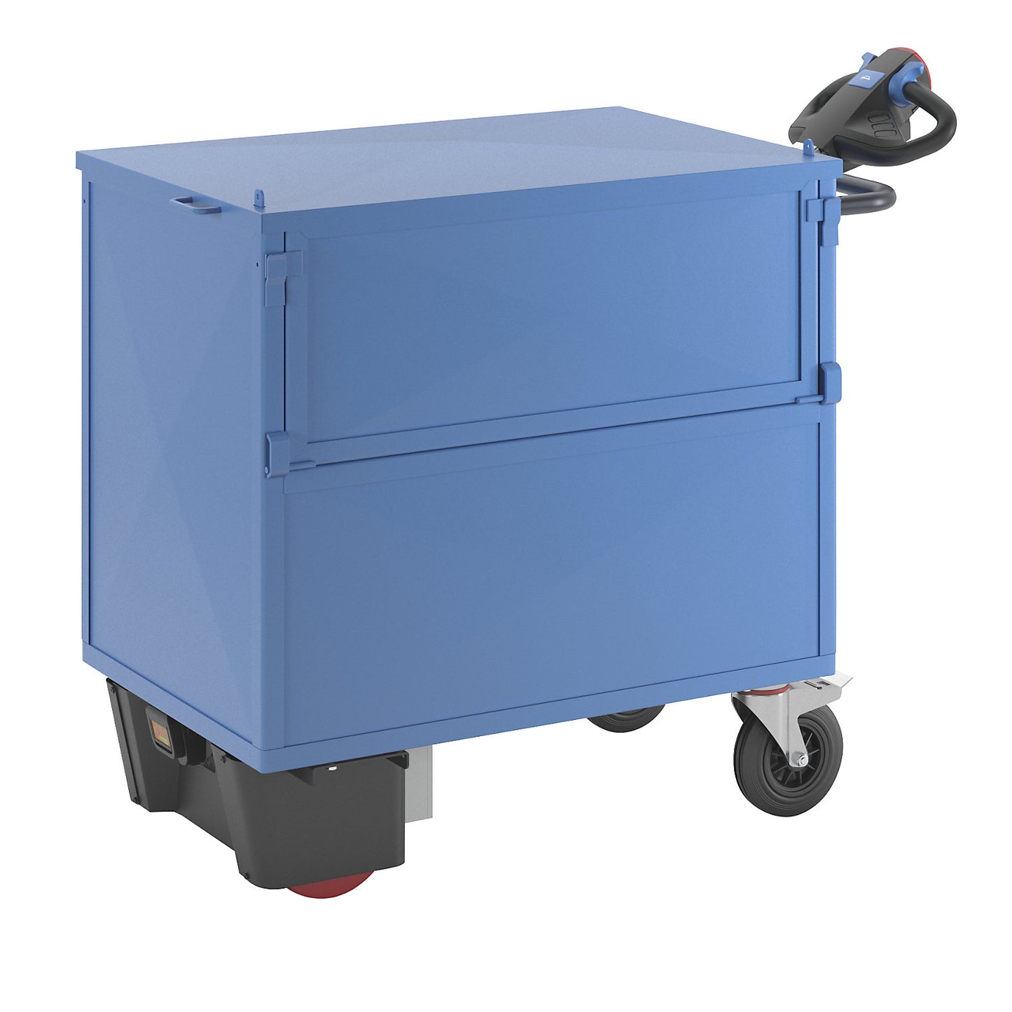 Box truck with electric drive, panels made of sheet steel, with lid, LxWxH 1430 x 750 x 1200 mm.