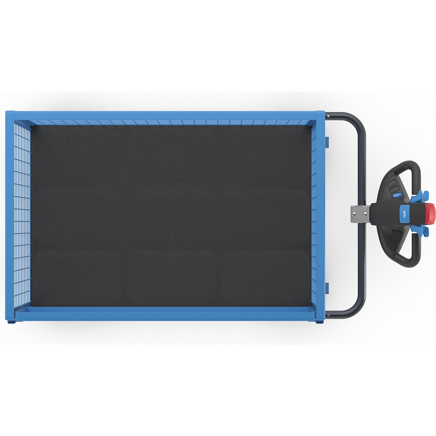 Box truck with electric drive, panels made of steel mesh, without lid, LxWxH 1620 x 820 x 1200 mm.