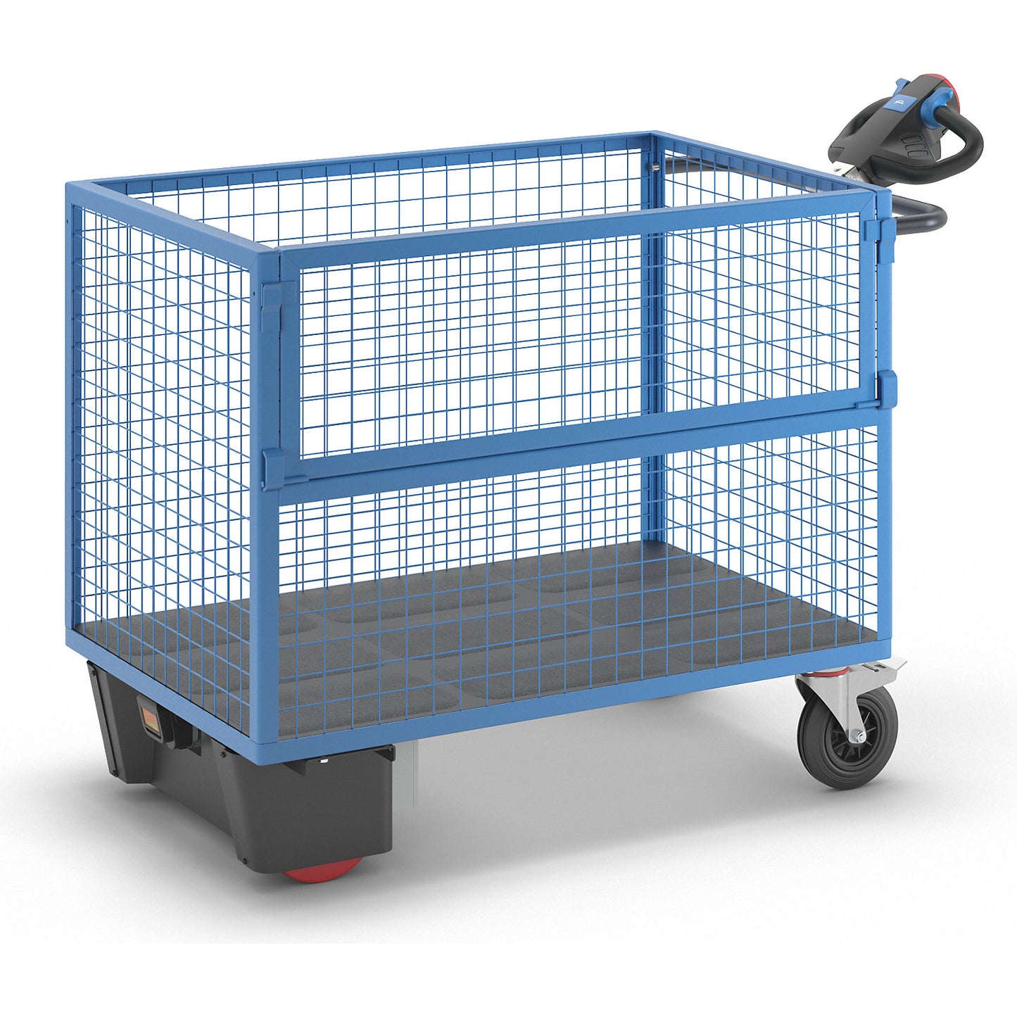 Box truck with electric drive, panels made of steel mesh, without lid, LxWxH 1620 x 820 x 1200 mm.