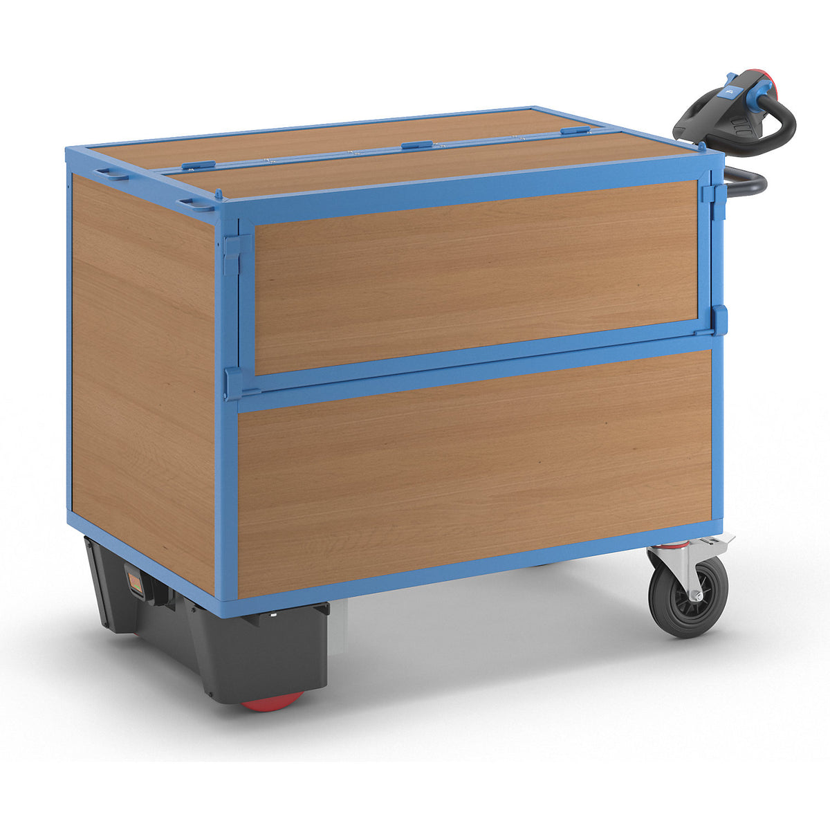 Box truck with electric drive, walls made of MDF panels, with lid, LxWxH 1630 x 830 x 1200 mm.