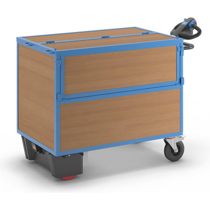 Box truck with electric drive, walls made of MDF panels, with lid, LxWxH 1630 x 830 x 1200 mm.