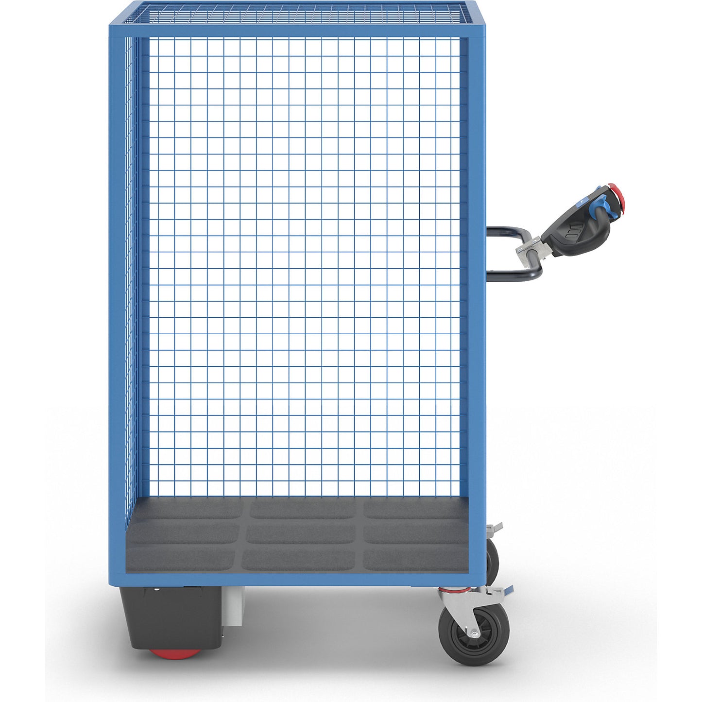 Shelf truck with electric drive, long side open, without shelves, light blue.