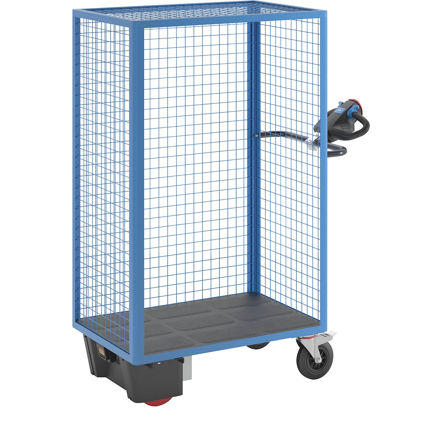 Shelf truck with electric drive, long side open, without shelves, light blue.