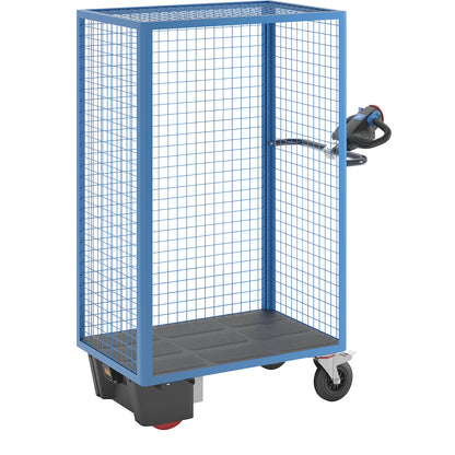 Shelf truck with electric drive, long side open, without shelves, light blue.
