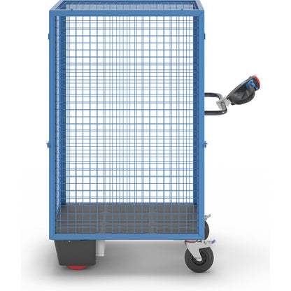 Shelf truck with electric drive, detachable mesh panel, without shelves, light blue.