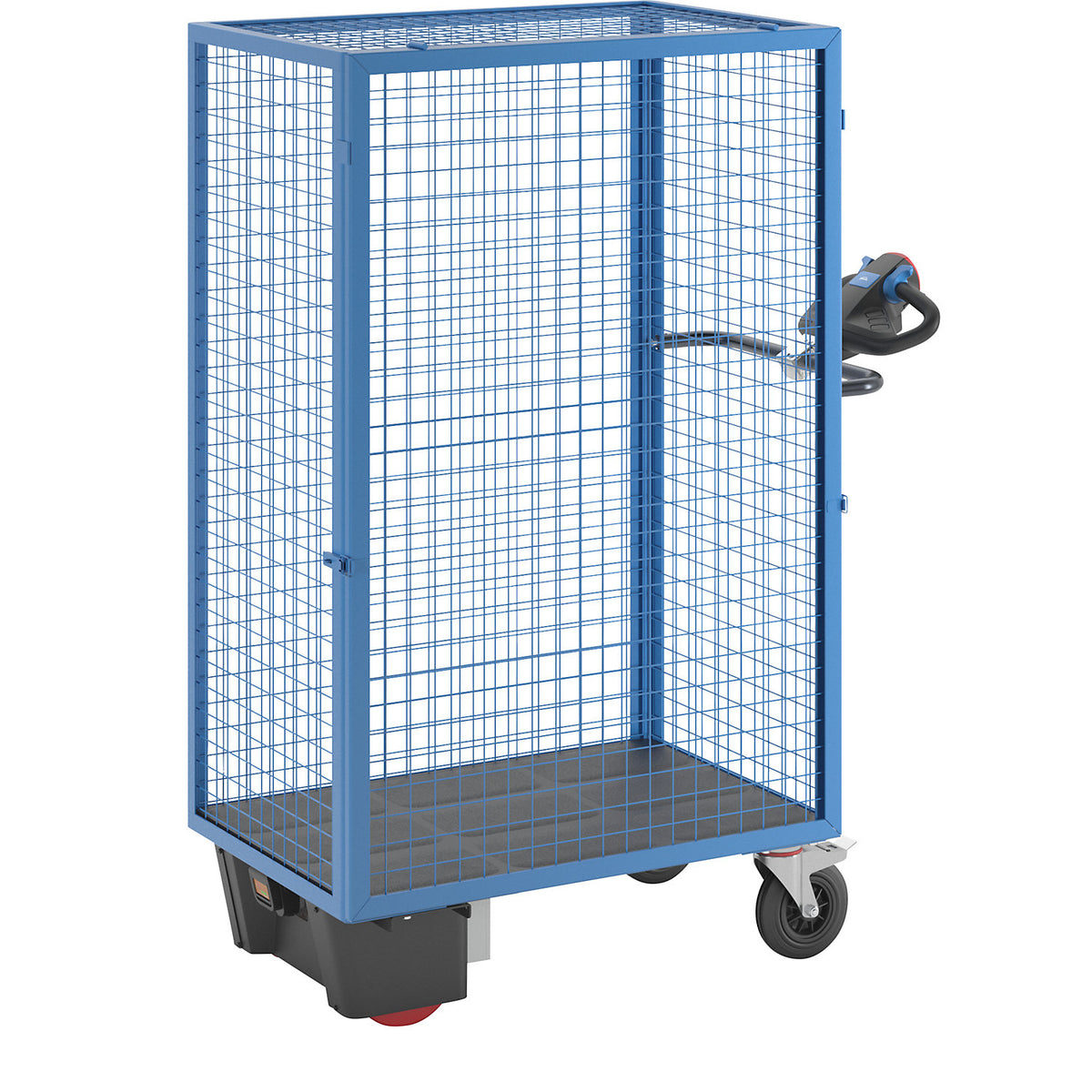 Shelf truck with electric drive, detachable mesh panel, without shelves, light blue.