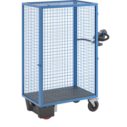 Shelf truck with electric drive, detachable mesh panel, without shelves, light blue.