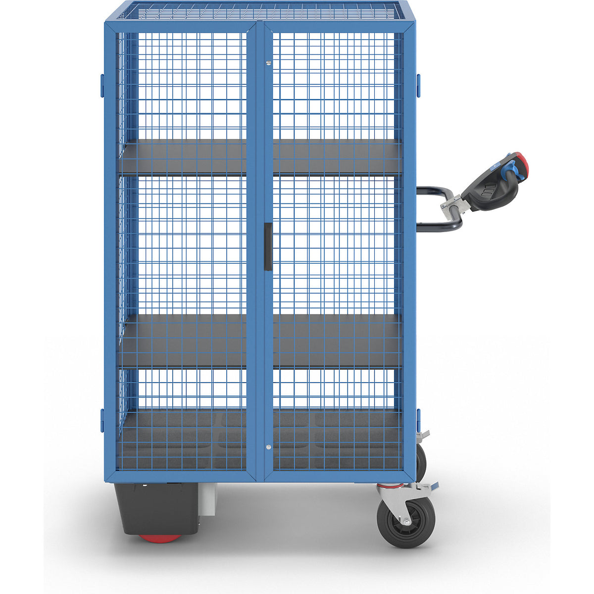 Shelf truck with electric drive, double doors, 2 shelves, light blue.