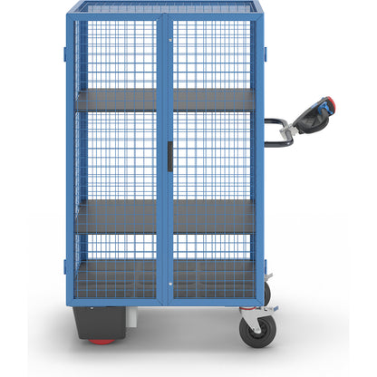 Shelf truck with electric drive, double doors, 2 shelves, light blue.