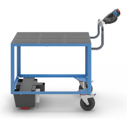Assembly trolley with electric drive, 1 shelf made of plastic, LxWxH 1470 x 700 x 1300 mm, blue.