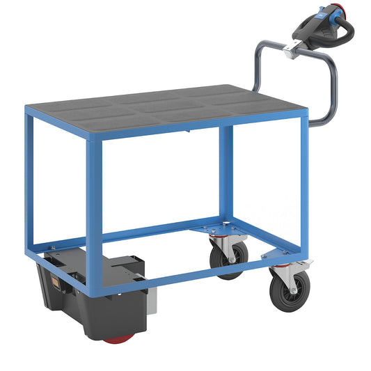 Assembly trolley with electric drive, 1 shelf made of plastic, LxWxH 1470 x 700 x 1300 mm, blue.