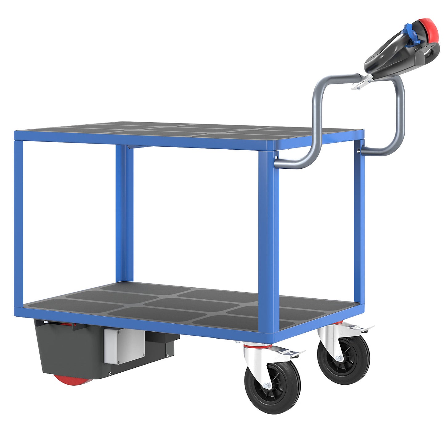 Assembly trolley with electric drive, 2 shelves made of plastic, LxWxH 1470 x 700 x 1300 mm, blue.