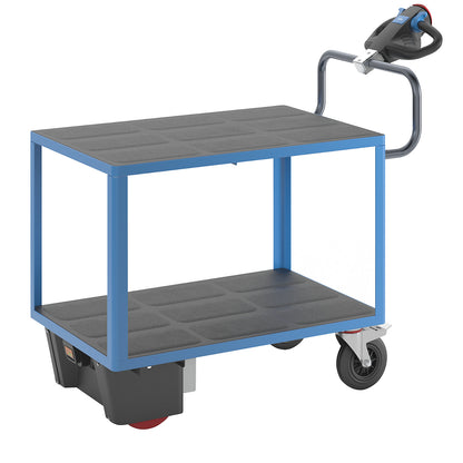Assembly trolley with electric drive, 2 shelves made of plastic, LxWxH 1470 x 700 x 1300 mm, blue.