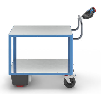Assembly trolley with electric drive, 2 zinc plated shelves, LxWxH 1470 x 700 x 1300 mm, blue.
