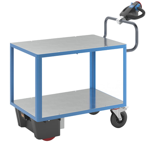 Assembly trolley with electric drive, 2 zinc plated shelves, LxWxH 1470 x 700 x 1300 mm, blue.