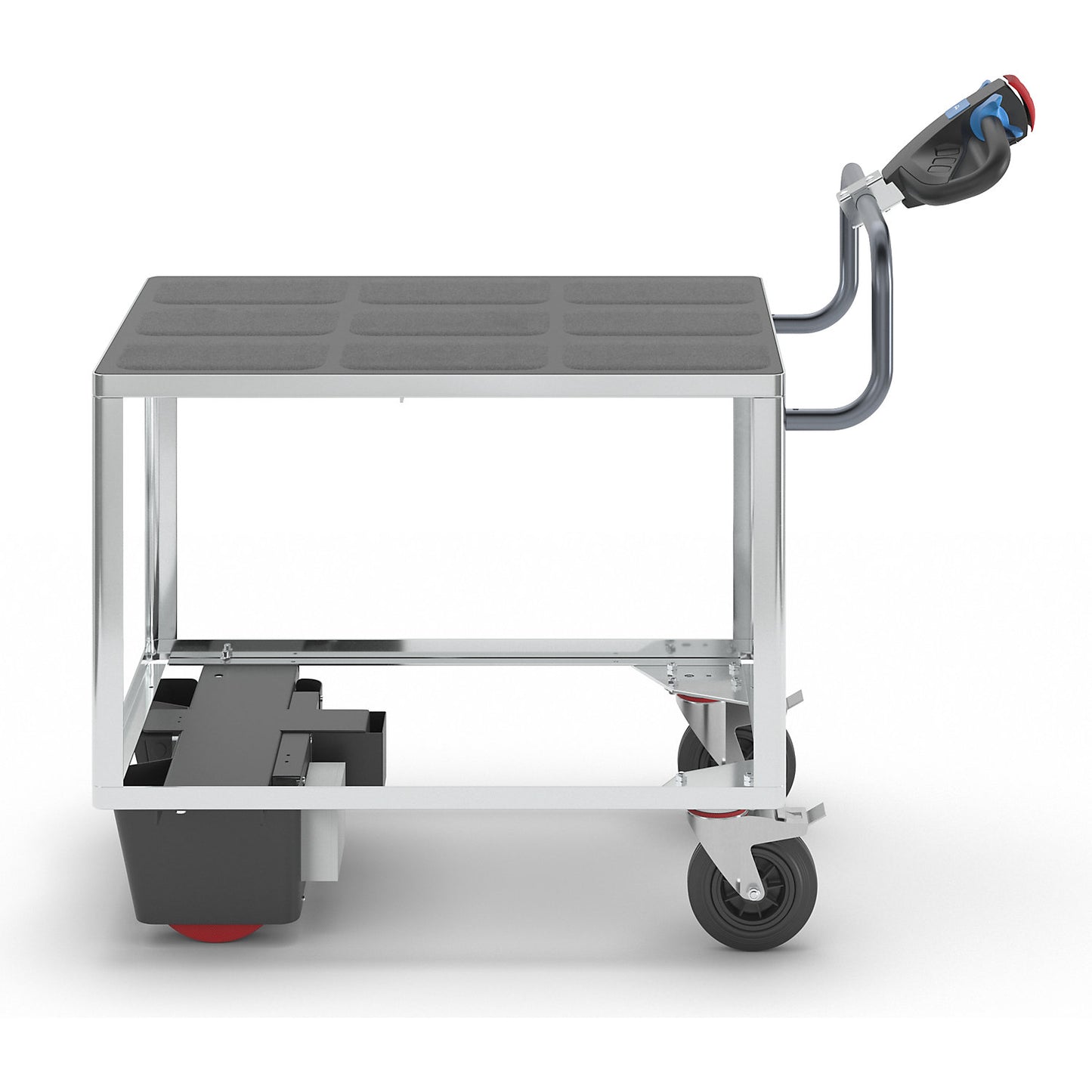Assembly trolley with electric drive, 1 shelf made of plastic, LxWxH 1470 x 700 x 1300 mm, zinc plated.