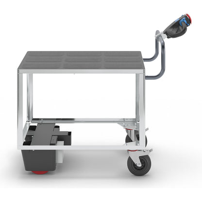 Assembly trolley with electric drive, 1 shelf made of plastic, LxWxH 1470 x 700 x 1300 mm, zinc plated.