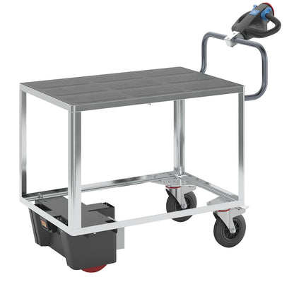 Assembly trolley with electric drive, 1 shelf made of plastic, LxWxH 1470 x 700 x 1300 mm, zinc plated.