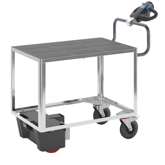 Assembly trolley with electric drive, 1 shelf made of plastic, LxWxH 1470 x 700 x 1300 mm, zinc plated.