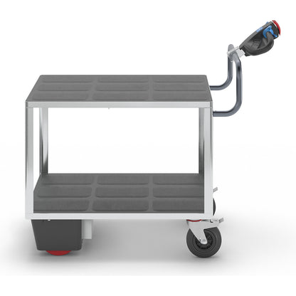 Assembly trolley with electric drive, 2 shelves made of plastic, LxWxH 1470 x 700 x 1300 mm, zinc plated.