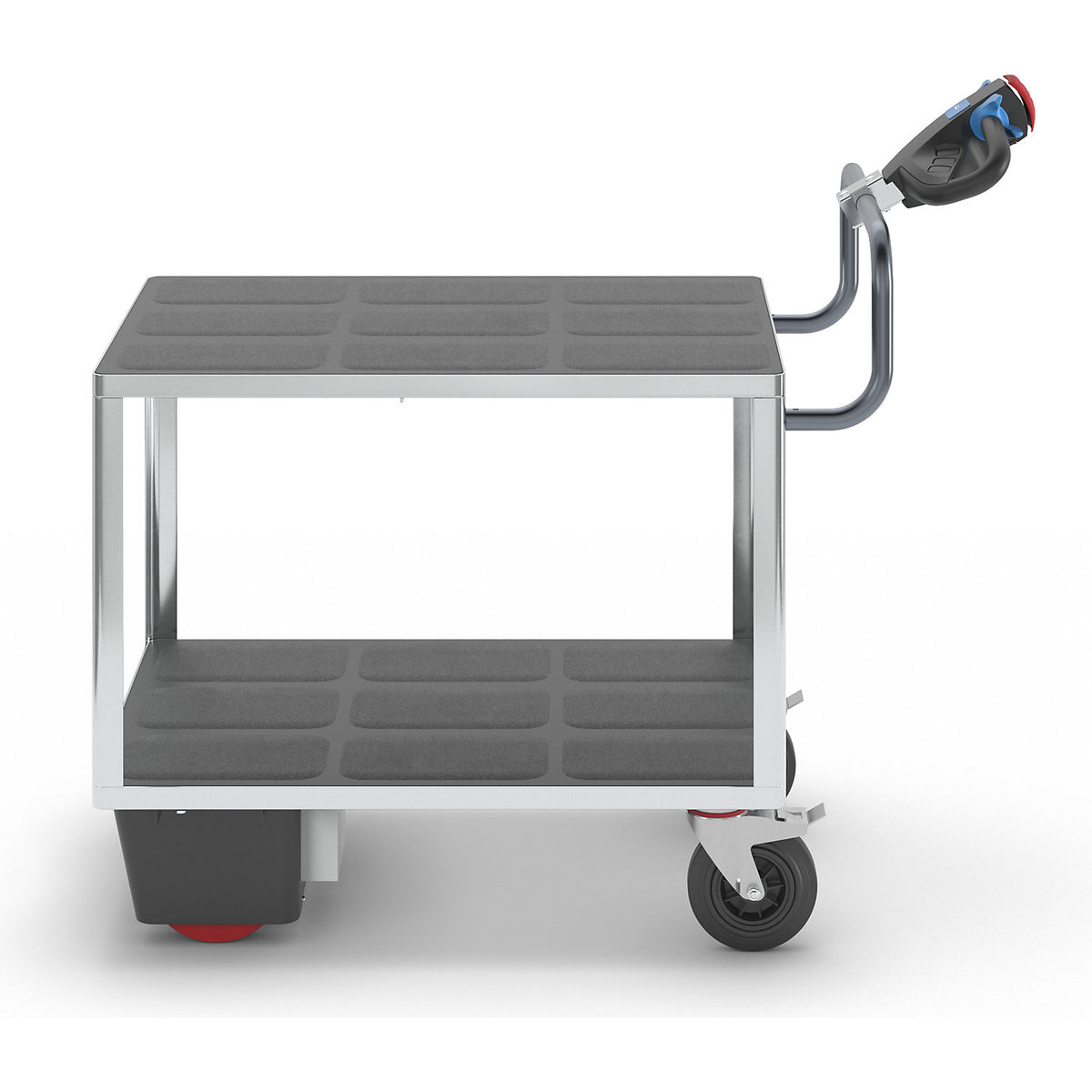Assembly trolley with electric drive, 2 shelves made of plastic, LxWxH 1470 x 700 x 1300 mm, zinc plated.