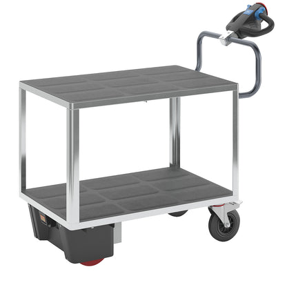 Assembly trolley with electric drive, 2 shelves made of plastic, LxWxH 1470 x 700 x 1300 mm, zinc plated.