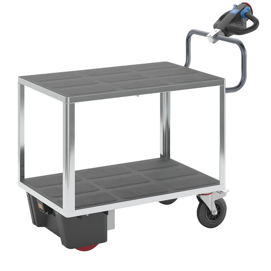 Assembly trolley with electric drive, 2 shelves made of plastic, LxWxH 1470 x 700 x 1300 mm, zinc plated.