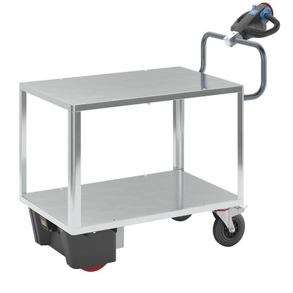 Assembly trolley with electric drive, 2 zinc plated shelves, LxWxH 1470 x 700 x 1300 mm, zinc plated.