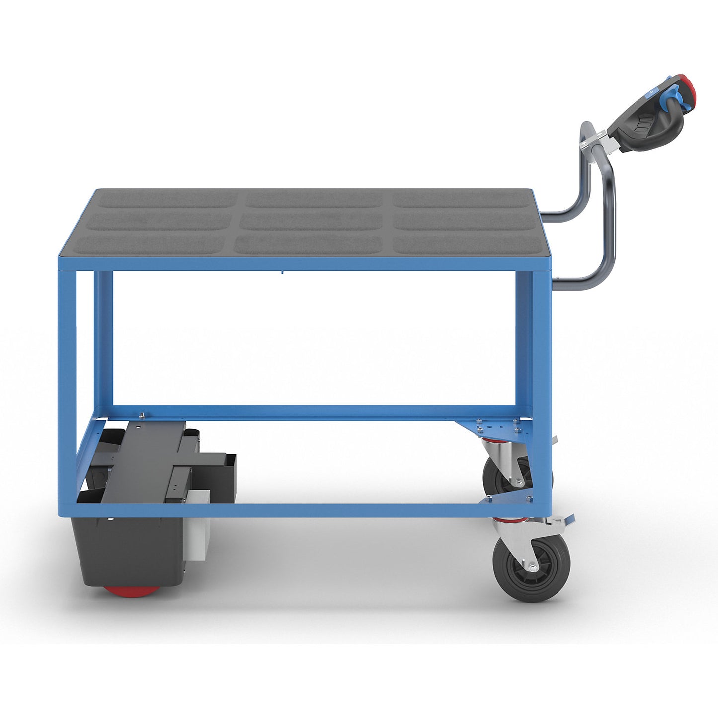 Assembly trolley with electric drive, 1 shelf made of plastic, LxWxH 1670 x 800 x 1300 mm, blue.
