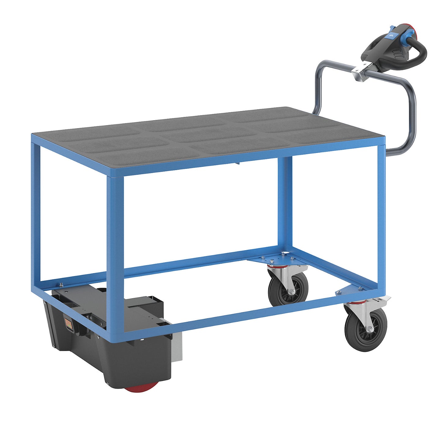 Assembly trolley with electric drive, 1 shelf made of plastic, LxWxH 1670 x 800 x 1300 mm, blue.
