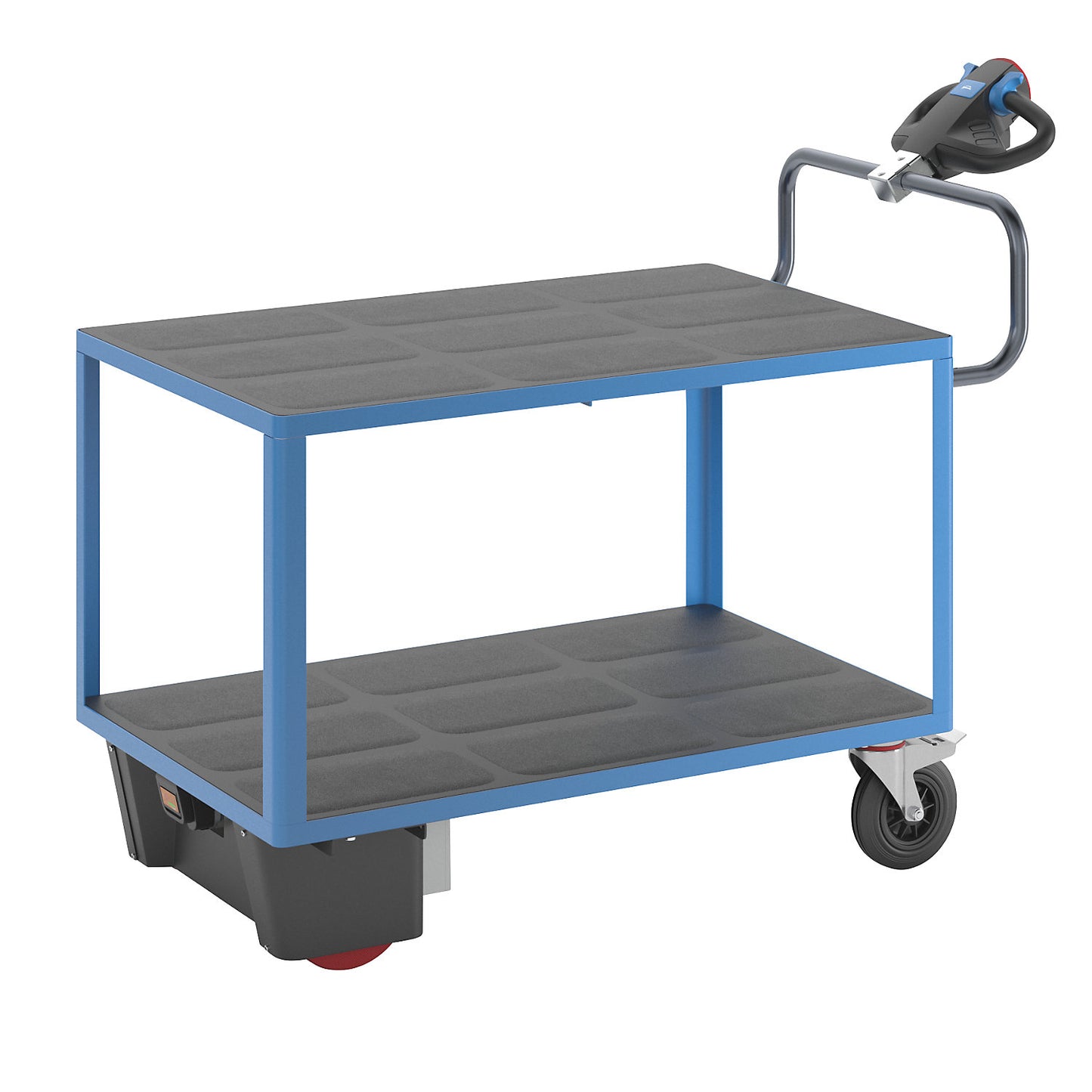Assembly trolley with electric drive, 2 shelves made of plastic, LxWxH 1670 x 800 x 1300 mm, blue.