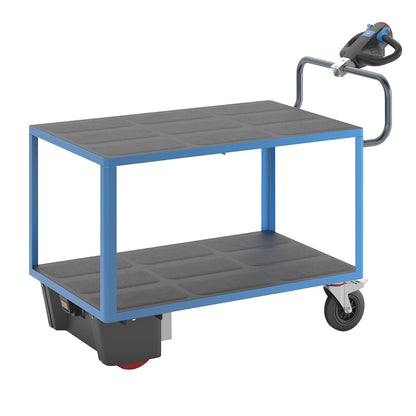 Assembly trolley with electric drive, 2 shelves made of plastic, LxWxH 1670 x 800 x 1300 mm, blue.