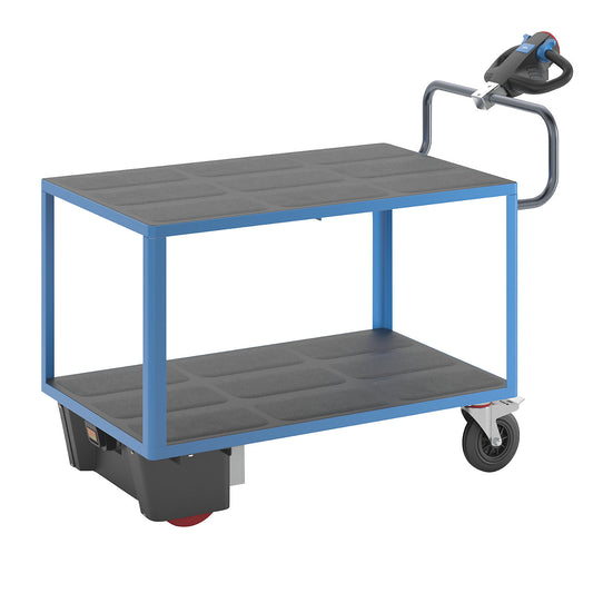 Assembly trolley with electric drive, 2 shelves made of plastic, LxWxH 1670 x 800 x 1300 mm, blue.