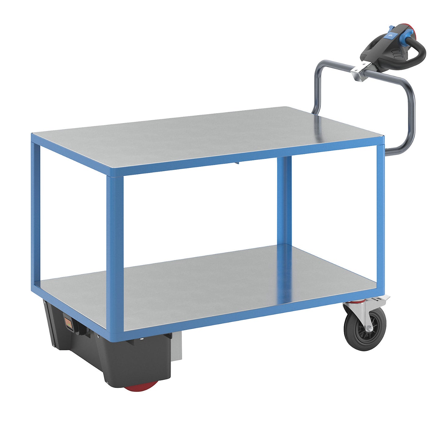 Assembly trolley with electric drive, 2 zinc plated shelves, LxWxH 1670 x 800 x 1300 mm, blue.