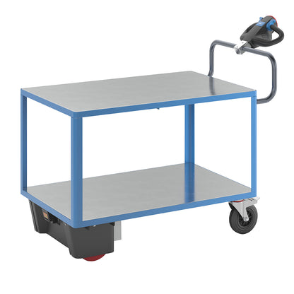 Assembly trolley with electric drive, 2 zinc plated shelves, LxWxH 1670 x 800 x 1300 mm, blue.