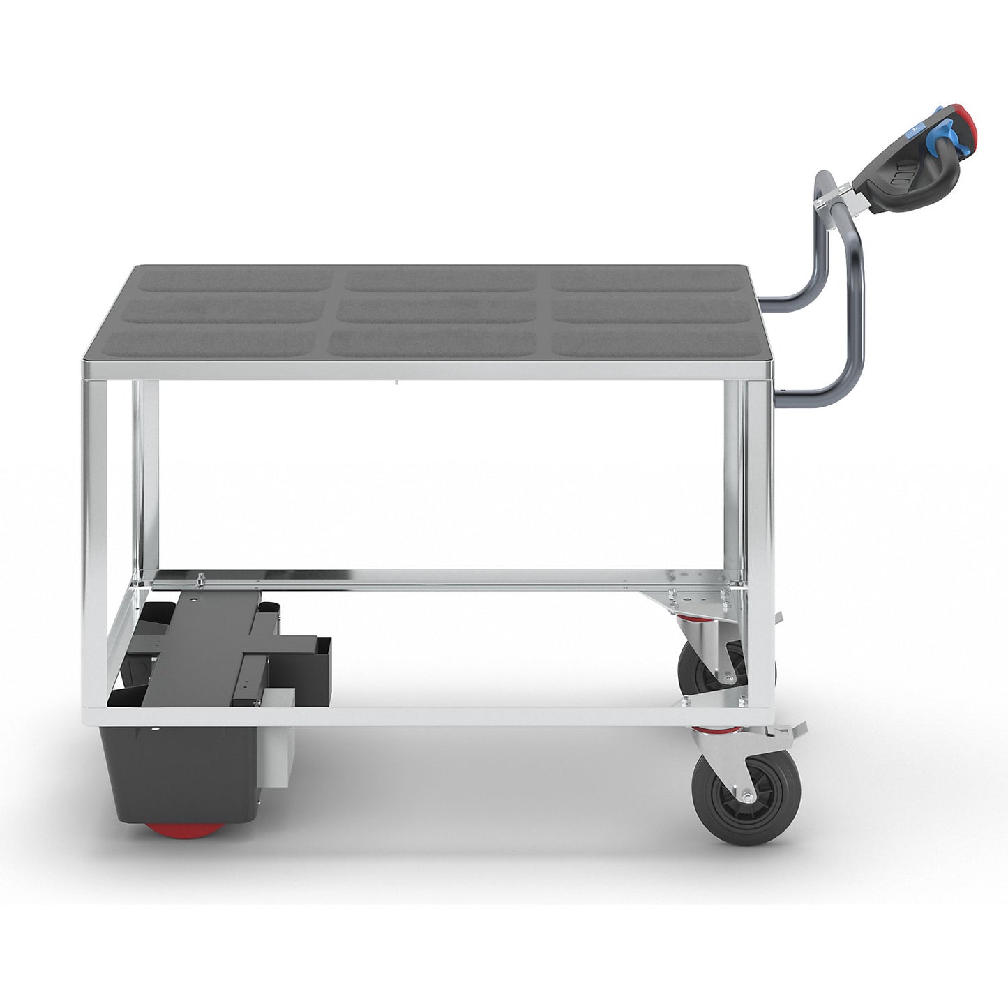 Assembly trolley with electric drive, 1 shelf made of plastic, LxWxH 1670 x 800 x 1300 mm, zinc plated.